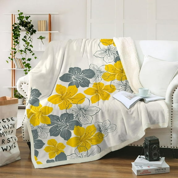 Floral Blanket Throw Yellow Flower Pattern Fuzzy Warm Fleece Microfiber for Couch Chairs Soft All Season 50"X60"