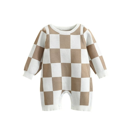 

aturustex Fall Baby Boys Girls Romper Round Neck Long Sleeve Snap Closure Checkerboard Knitted Sweater Jumpsuit