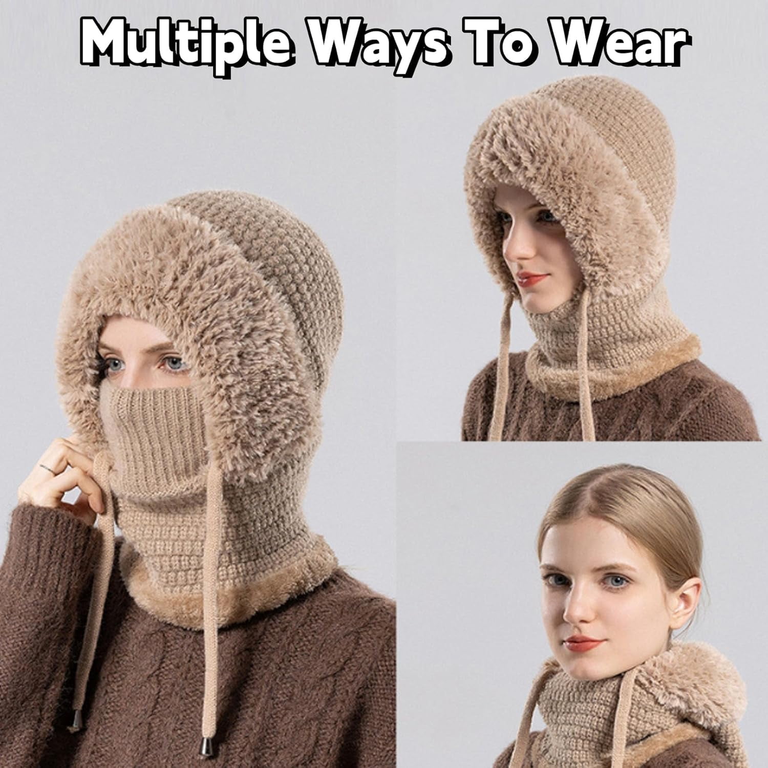 3 in 1 Beanie Hat with Scarf and Mask, Women Outdoors Windproof Scarf Hat, Winter Fleece Ski Balaclava