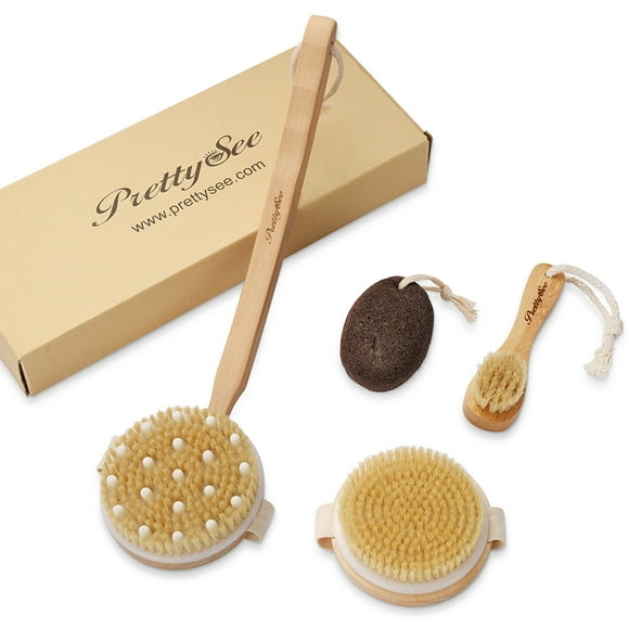 PRETTY SEE Dry Brush Set Skin Exfoliating Kit Body Brush Facial Brush and Pumice Stone for Removing Dead Skin and Reducing Cellulite