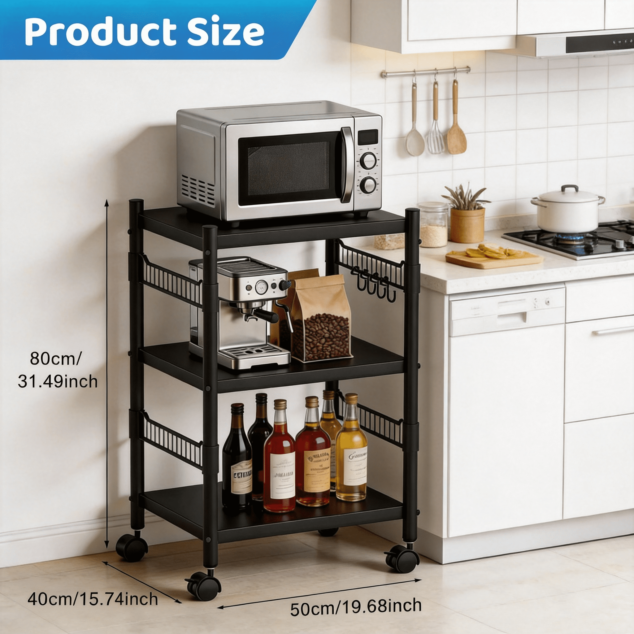Kitchen Microwave Cart, 3-Tier Utility Shelf Microwave Stand Storage Cart with Wheels and 4 Hooks, Rolling Utility Storage Cart, Microwave Oven Storage Cart for kitchens Bathrooms Offices