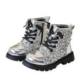 thumbnail image 4 of CAICJ98 Little Girl Glitter Boots Lace Up Waterproof Combat Shoes With Side Zipper Toddler Ankle Boots Girl Silver,2.5(Toddler/Little Kid/Big Kid), 4 of 7