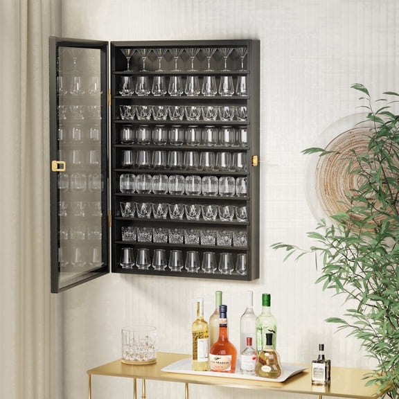 Ymokee Large Wall-Mounted Curio & Shot Glass Display Case 72 Slots with Acrylic Lockable Door & Removeable Shlves for Home, 26.85" x 17.5" x 3.35", Black
