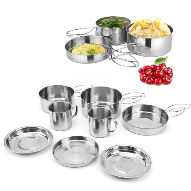 Fosa Stainless Steel Camping Cook Set,8pcs Portable Camping Cookware Kit Stainless Steel Hiking Pot Pan Cup Set for Picnic BBQ,Backpacking Camping Cookware Pot Set