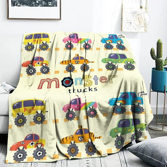 Monster Trucks Blanket for Baby Boys, Yellow Car Throw Blanket for Toddler Boys, Monster Trucks Throw Blanket, Soft Fleece Car Blanket for Boys Kids Newborn Baby Shower Birthday Gift (40 x 50 Inch)