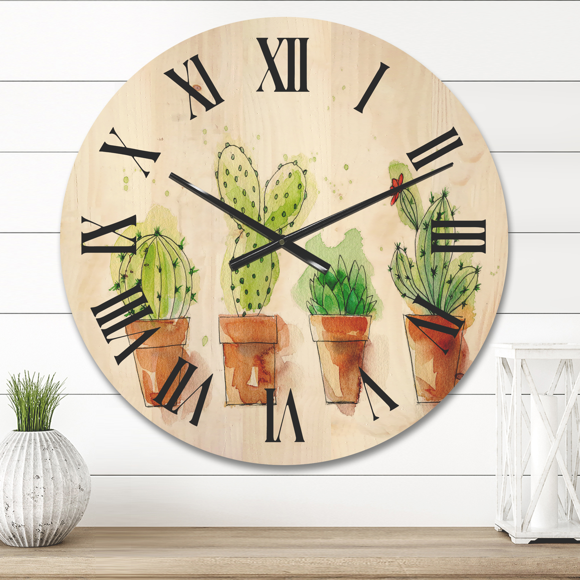 Designart 'Cacti In Gentle Tones In Ceramic Pots I' Traditional Wood Wall Clock