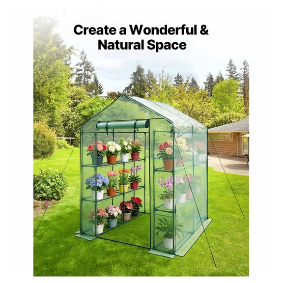 Walk-in Greenhouse 55.5x56.1x78.7in with PE Cover, 8 Shelves, Roll-Up Door, Portable Plant Garden Hot House for Outdoor Backyard