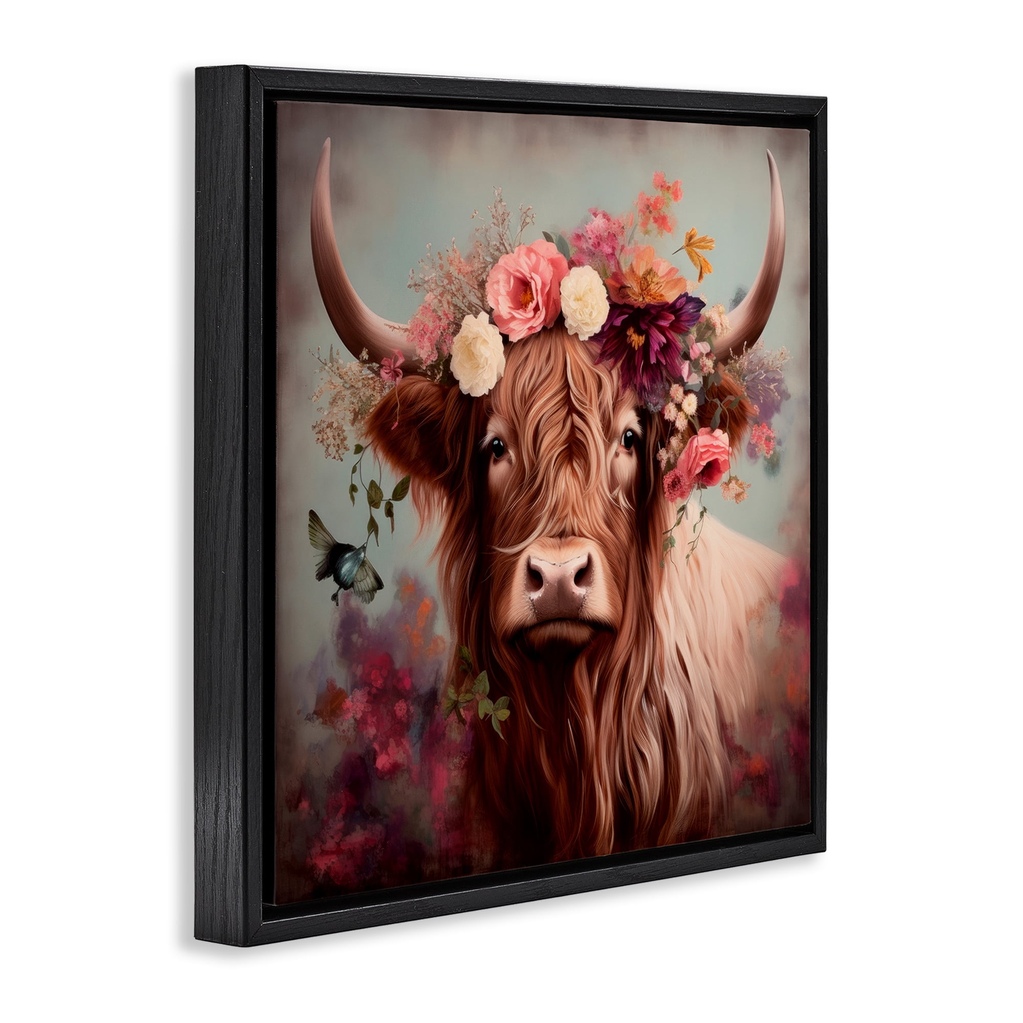 Stupell Industries Longhorn & Flower Garland Animals & Insects Painting Black Floater Framed Canvas Art Print Wall Art, 25 x 25