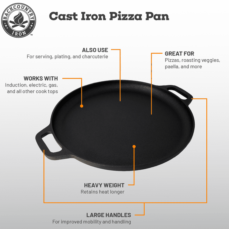 Pitmaster King 4pc Cast Iron Pizza Stone, Round Griddle, Skillet with Handles, Pizza Cutter, 932F Heat Resistant Gloves