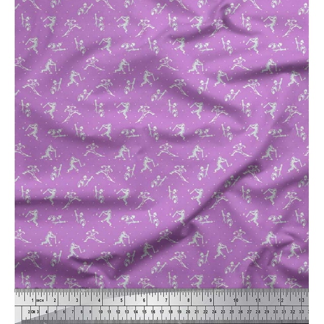 Soimoi Polyester Crepe Fabric Dot,Cricket Player & Bat Sports Print Fabric by The Yard 42 Inch Wide