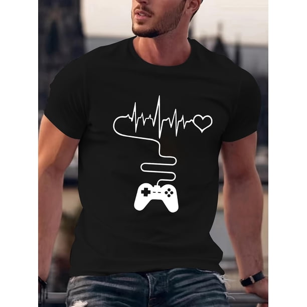Playera Para Hombre - T-shirtMen's Game Controller And Heartbeat Print T-shirt, Crew Neck And Short Sleeve Tee, Casual And Stylish Leisure Tops For Summer Street And Daily Wear Tee For Adult, Men, W