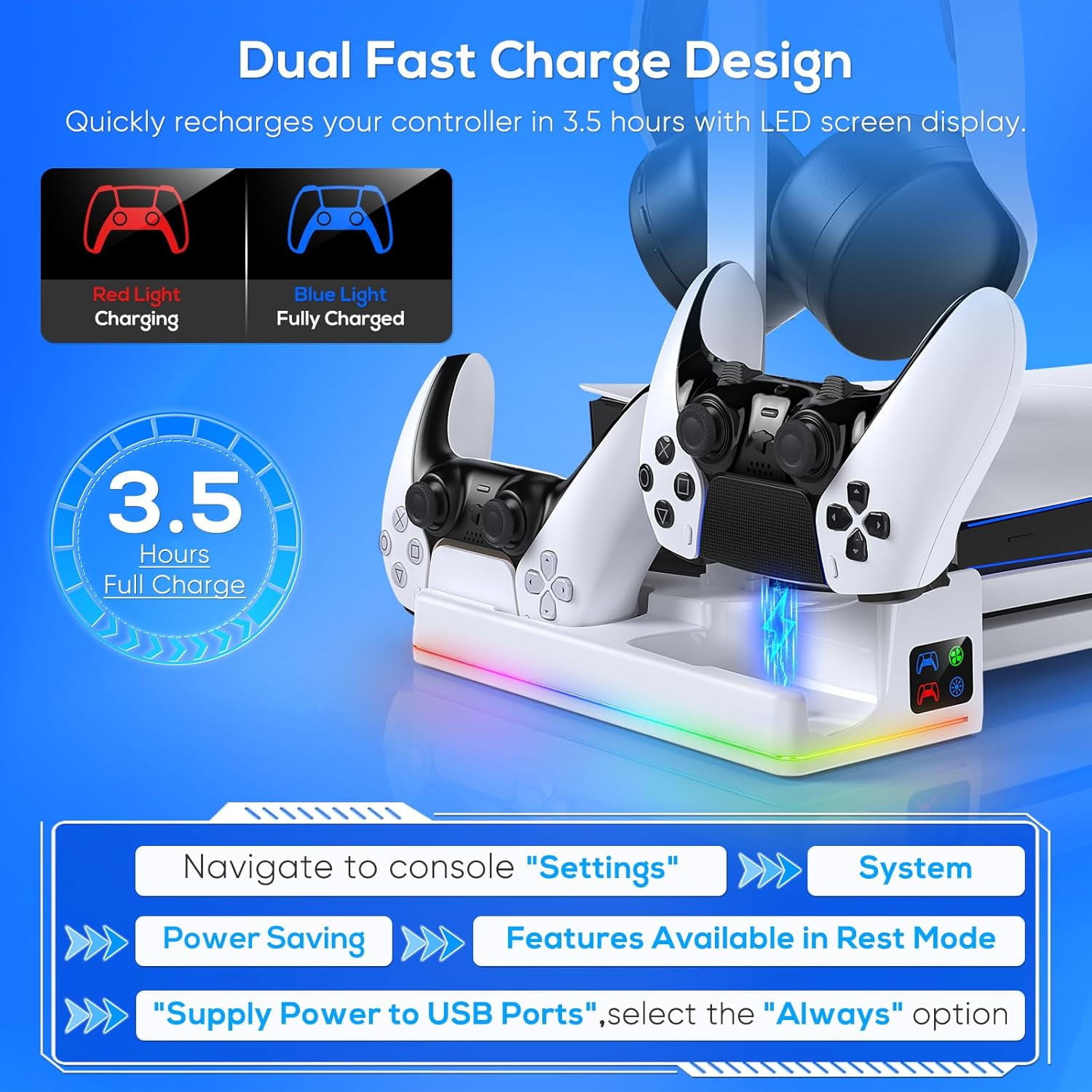 RGB Horizontal Cooling Station Stand for PS5 Slim Console with 2 Controller Charger, Auto Silent Cooling Fan for Playstation 5 Slim Disc / Digital Edition with 14 Light Modes and Headset Holder