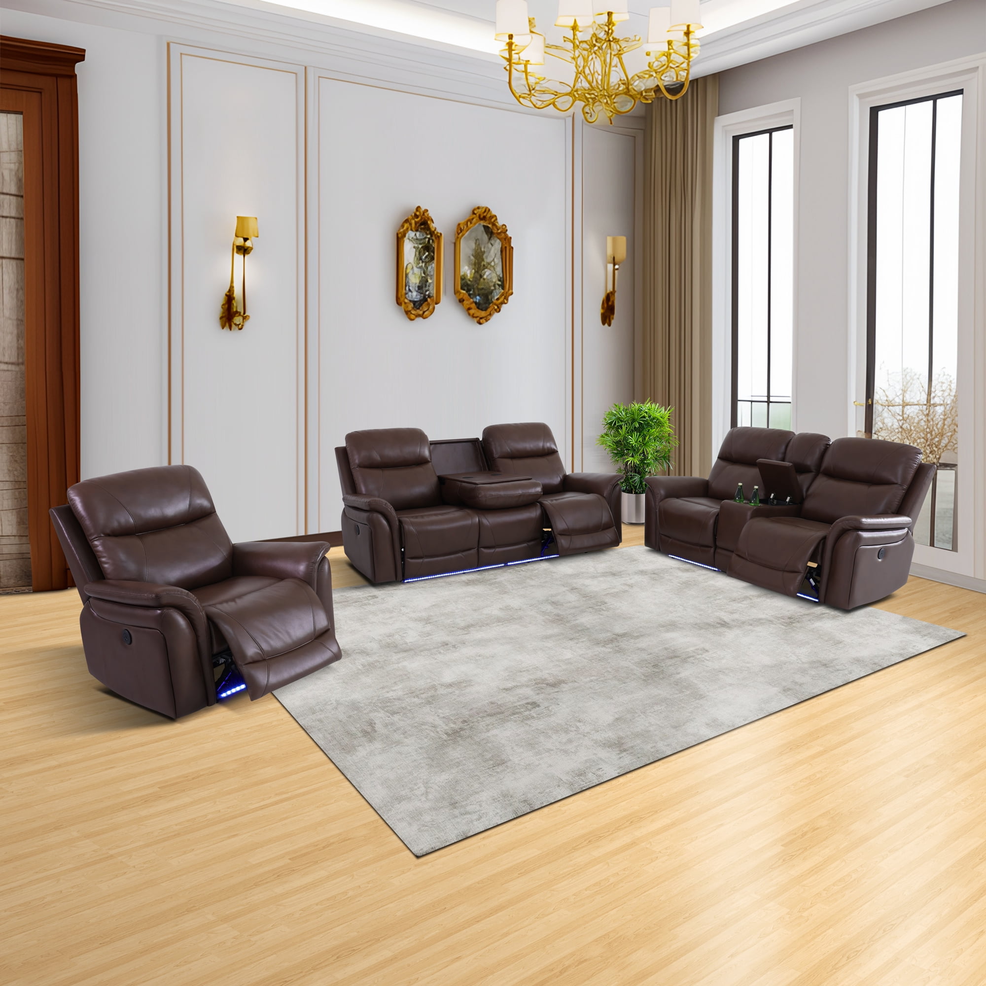 Gewnee Air Leather Power Recliner Sectional , Loverseat and Sofa Couch with LED, USB Port&Cup Holder for Living Room