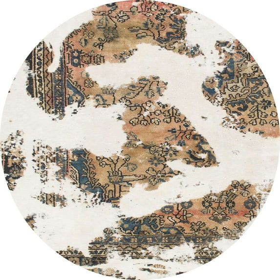 Ahgly Company Machine Washable Indoor Round Abstract White Chocolate Beige Area Rugs, 3' Round