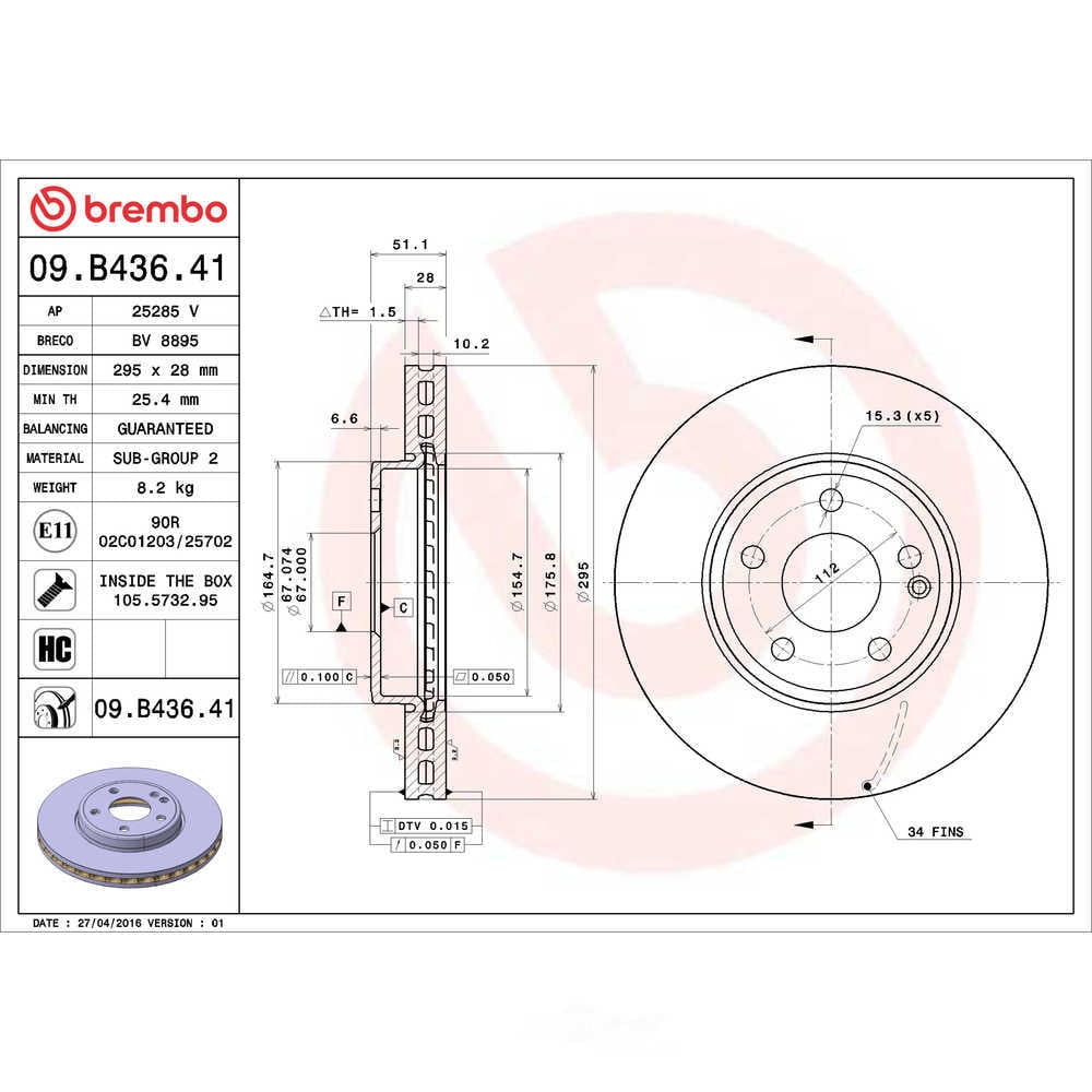 Brembo 09.B436.41 BRAKE ROTORS Fits select: 2014-2015 MERCEDES-BENZ B ELECTRIC, 2016-2017 MERCEDES-BENZ B 250E