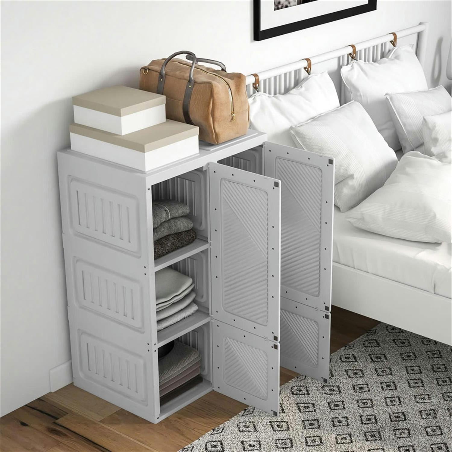 Demi Bonn Portable Floor Cabinet, Folding Bedroom Armoire with 6 Cube Compartments and Magnet Doors, Freestanding Clothes Storage Unit, White