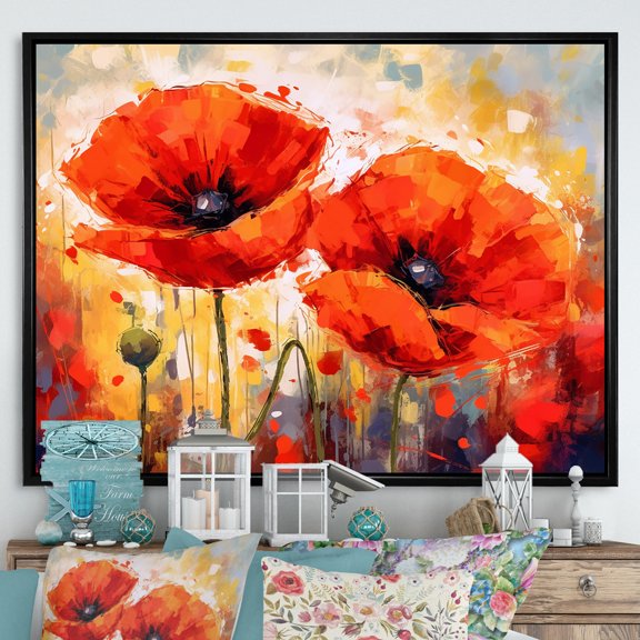 Designart "Dreams Of Vibrant Red And Yellow Poppy Fields" Poppies Floater Framed Canvas Prints