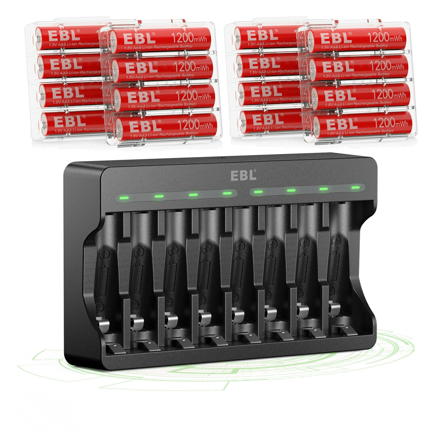 EBL 16 Pack of Rechargeable Lithium AAA Batteries 1200mWh with 8 Bay Smart Battery Charger for