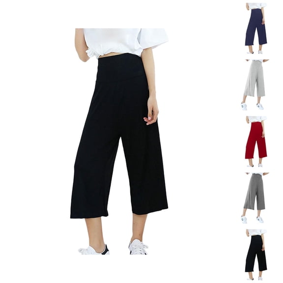 Capri Pants for Women Summer Casual Lightweight Elastic High Waist Wide Straight Leg Flowy Cropped Plazzo Pants
