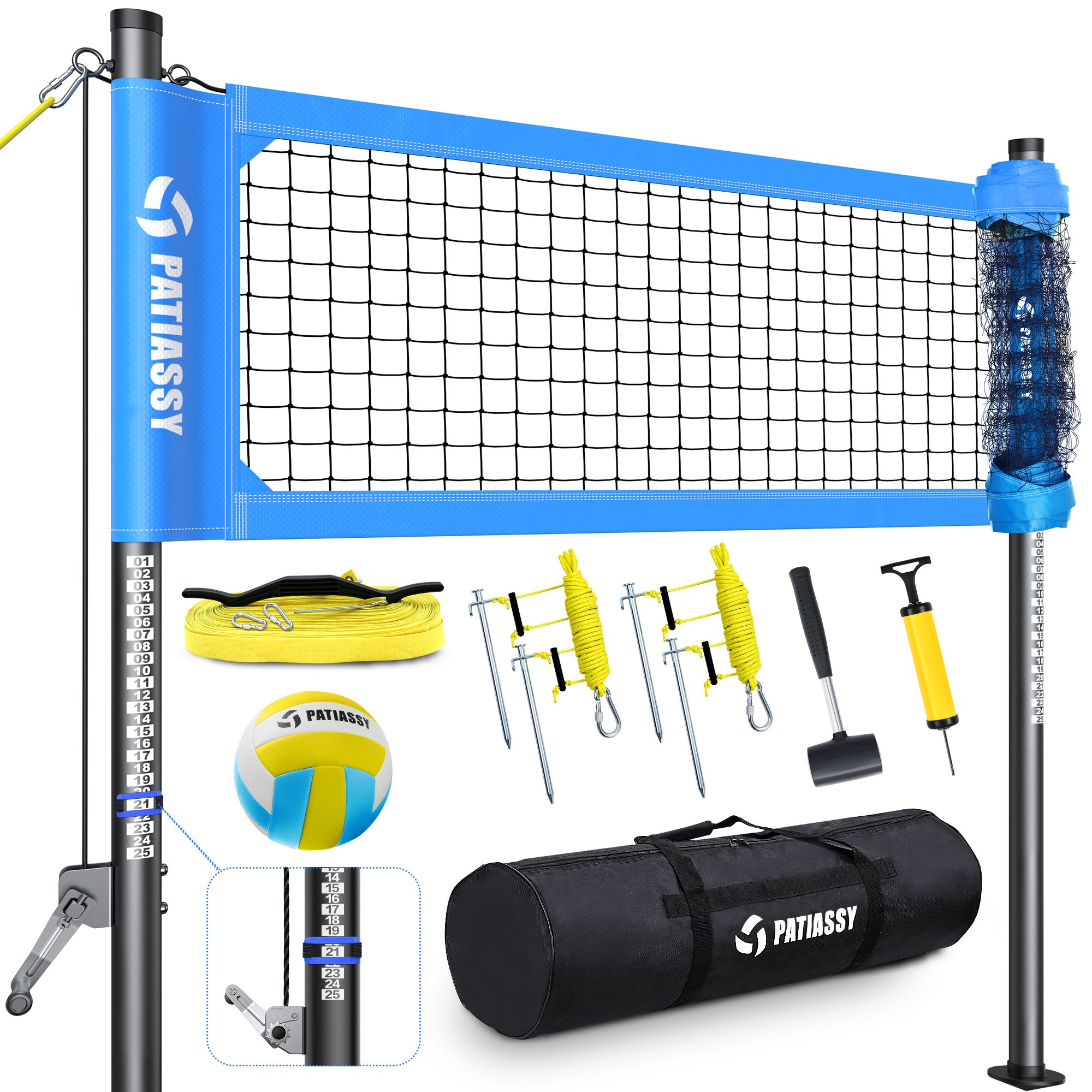 Patiassy Portable Professional Outdoor Volleyball Net Set for Backyard Beach with Adjustable Height Aluminum Poles, Winch System, Volleyball with Pump