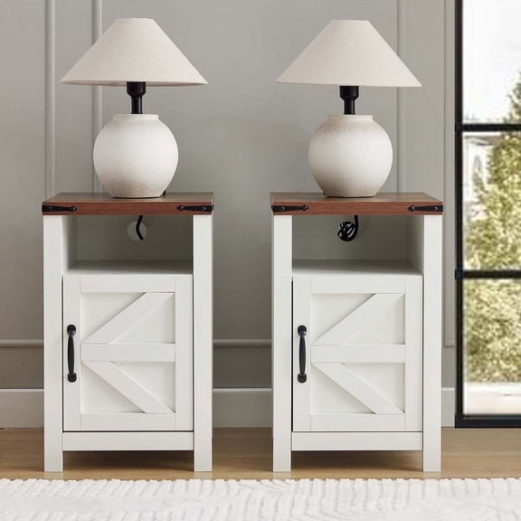 Farmhouse Nightstand Set of 2 with Charging Station & Barn Door, Bedside Table with Open Storage, White