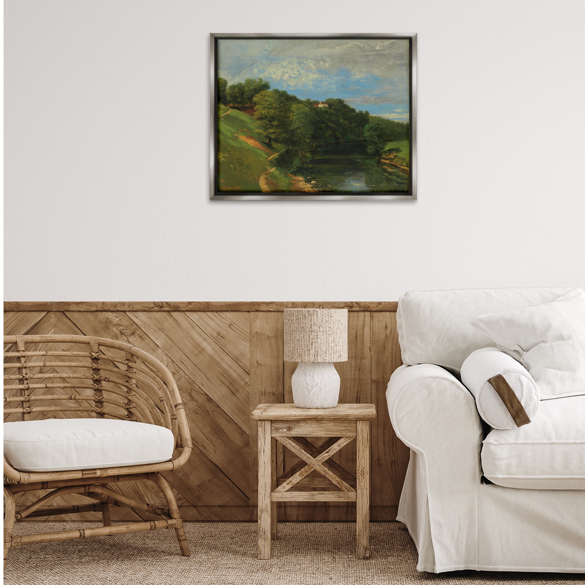 Stupell Industries Classic River Landscape Landscape & Nature Painting Gray Floater Framed Canvas Art Print Wall Art, 31 x 25