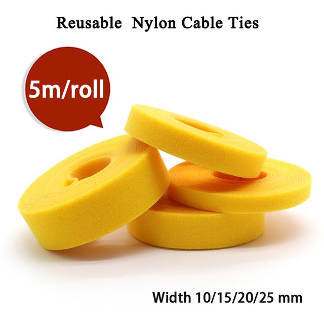 5m/roll Cable Ties Reusable Loop Bundle Self Adhesive Yellow Nylon Strap Organizer Clip Wire Holder Management Fastening Tape width 15mm 40 rolls