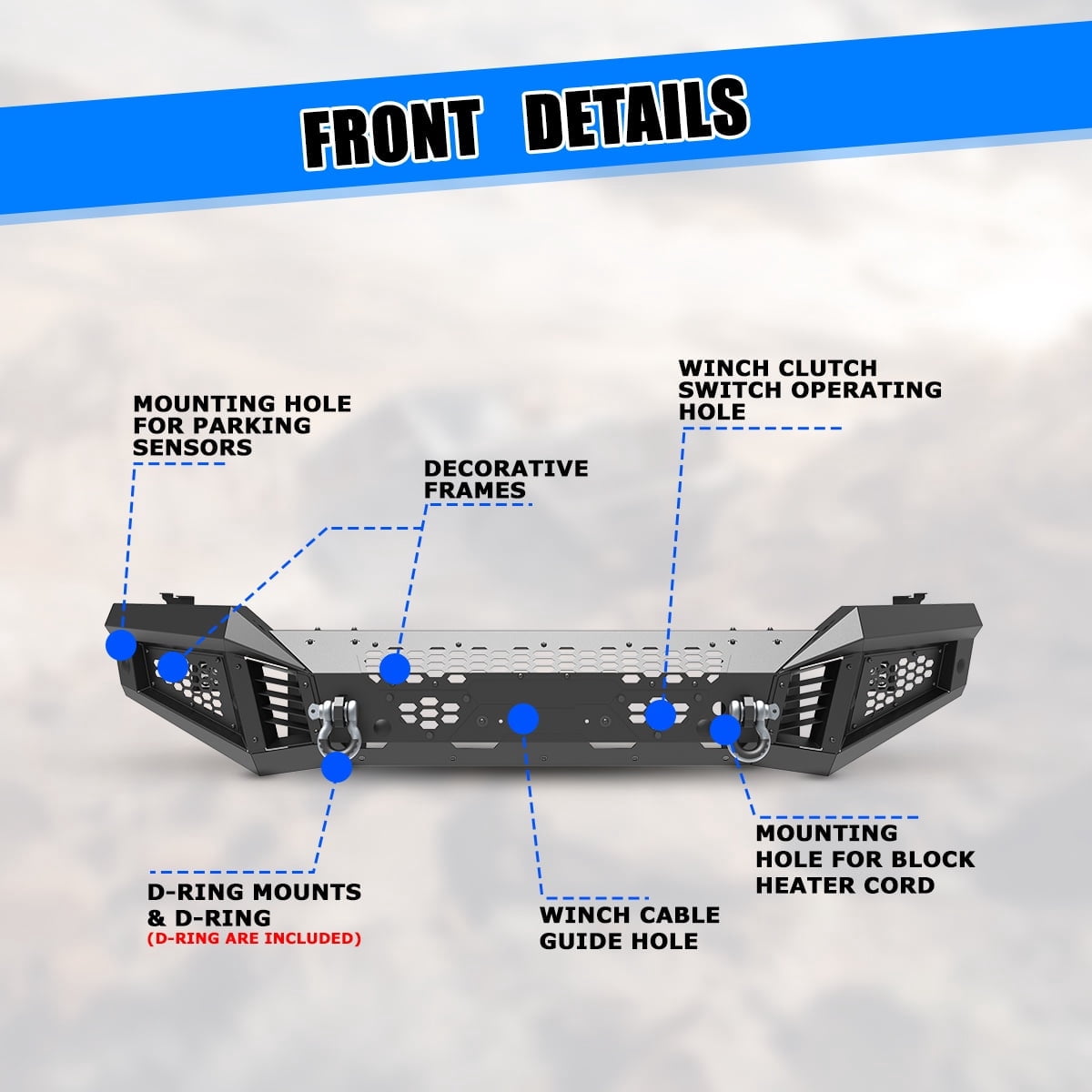 Modular 2 IN 1 Front Bumper + Side Wings For 2019-2024 Ram 2500 3500 Includes a set of 4" pod lights and D-Rings,w/Mounting Hole for Parking Sensors,w/Winch Cable Guide Hole