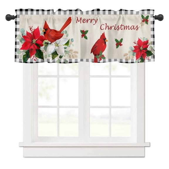 Christmas Valances for Windows Xmas Poinsettia Botanical Black Plaid Rod Pocket Curtain Valance Window Treatment Short Curtains for Kitchen Living Room, 42"x12"