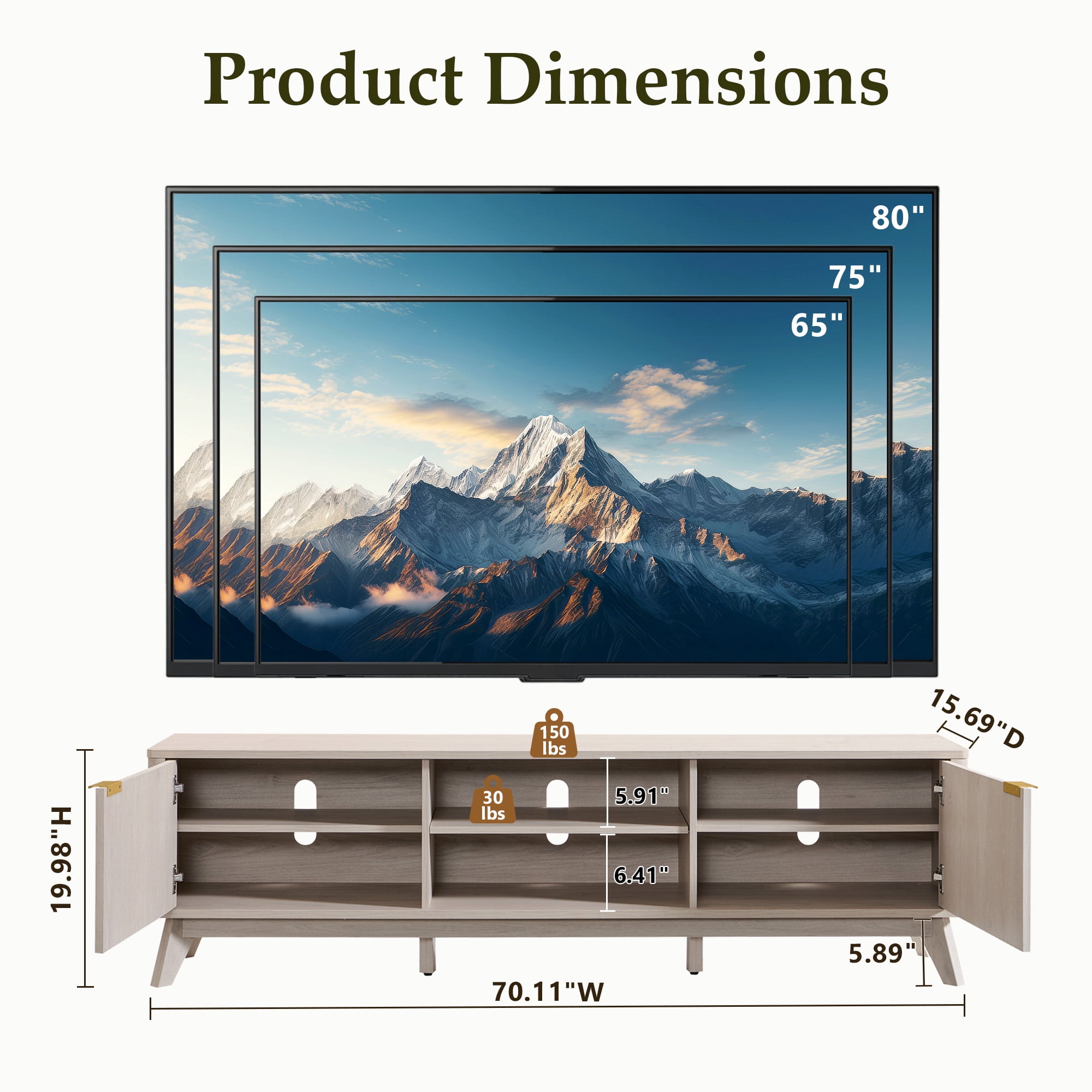 KeyWhat 70" TV Stand with 2 Soft Close Door, Modern Entertainment Center Console Table, Media Furniture for Living Room, Alder White