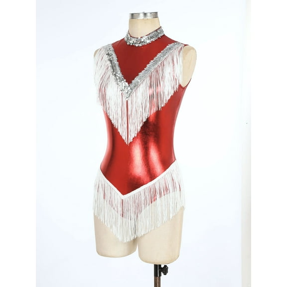 Raenseen Women Cheerleading Latin Dance Leotard Bodysuit Outfit Shiny Metallic Latin Jazz Ballroom Red S