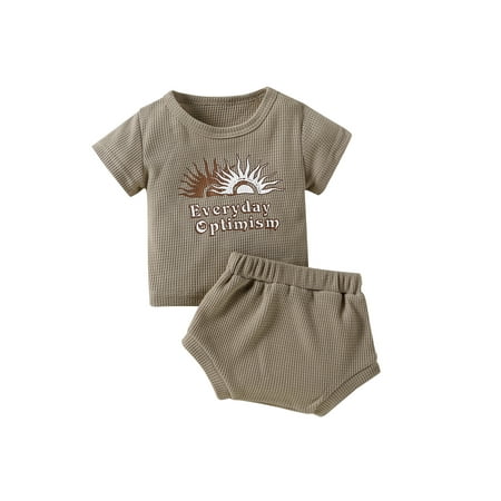 

Bagilaanoe Newborn Baby Boy Girl Summer Waffle Outfits Short Sleeve Letter Print T-Shirt Top+Shorts 6 12 18 24 Months Infant Clothes Sets 2Pcs