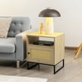 thumbnail image 4 of Gymax Table de Chevet 2 Pcs avec Armoire Table d'Appoint en Bois Bout de Canapé Porte Décorée en Rotin Chêne, 4 of 10