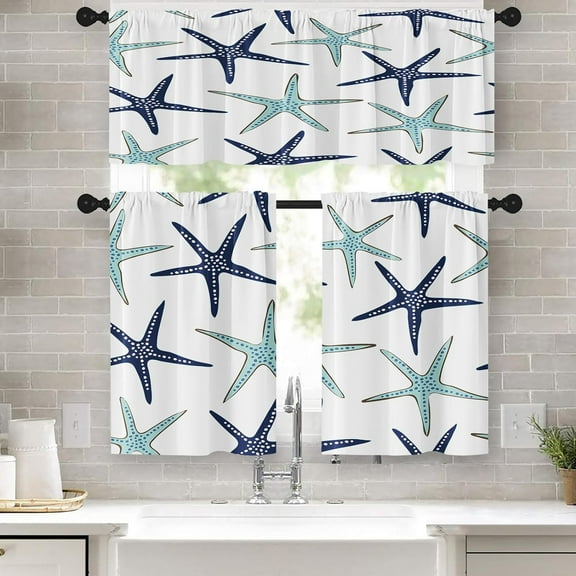 Starfish Kitchen Curtains Coastal Nautical Window Curtains Valance and Tier Set 36 Inch, Navy Blue Turquoise Sea Rod Pocket Short Tier Curtain, Summer Small Curtains for Kitchen Decor