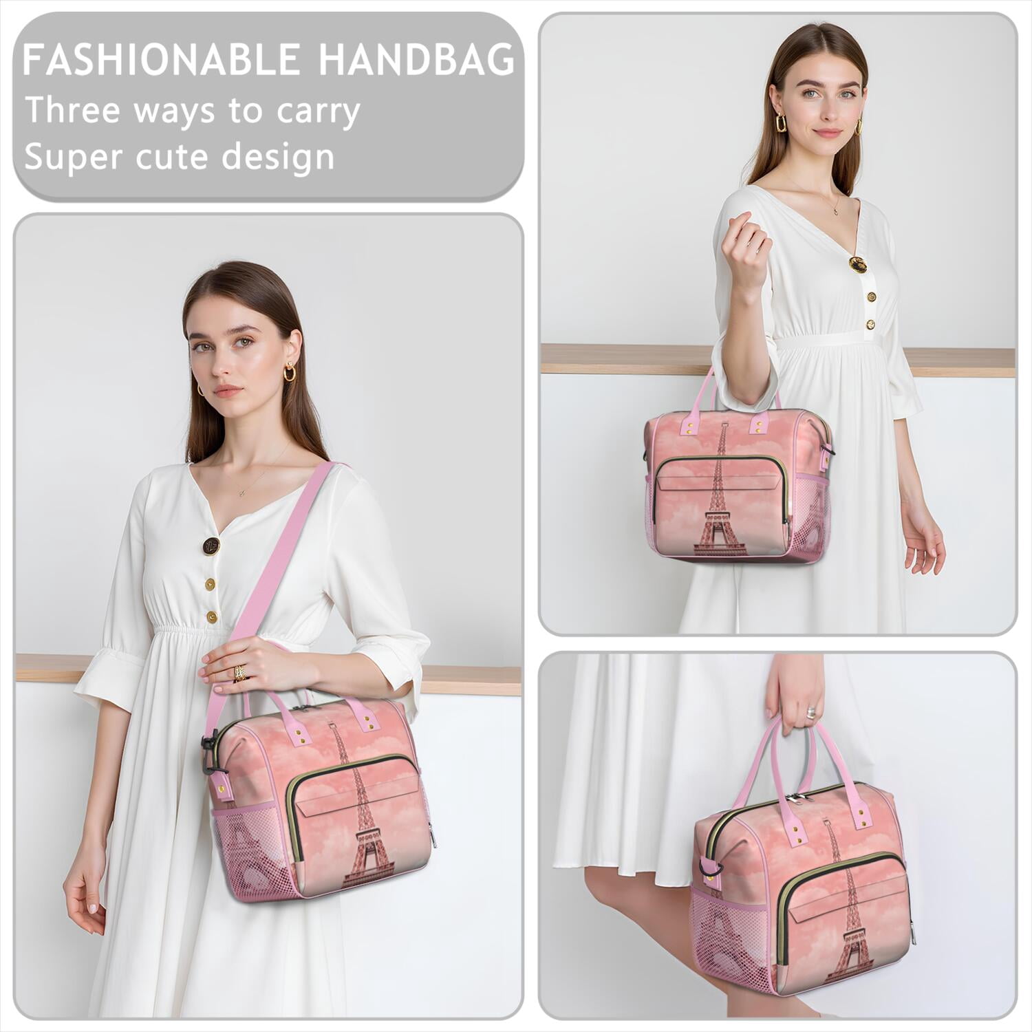 Girly Pink Leakproof Cooler Bag - Vintage Style Insulated Lunch Tote for Beach, Flight & Trip, Fashionable Waterproof Picnic Bag with Multi-Pockets
