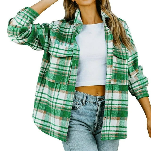 Womens Brushed Flannel Plaid Lapel Button Short Pocketed Shacket Shirts Coats