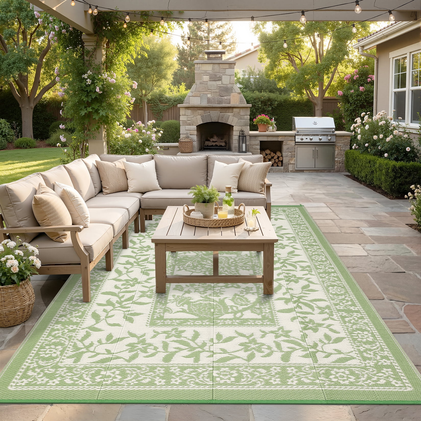 Outdoor Rug, Patio Waterproof, Reversible Plastic Straw Camping Rug, Botanical Grove Vintage Cottage core Outdoor Mat for RV, Deck, Picnic, Beach