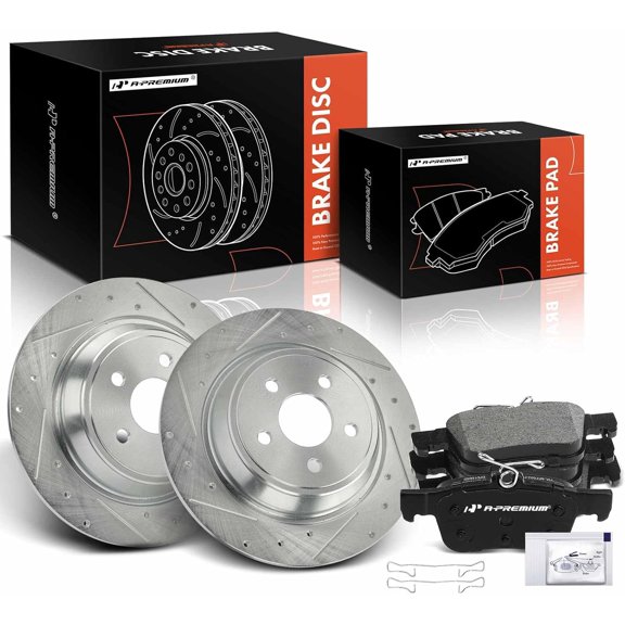 A-Premium 11.89 inch (302 mm) Rear Drilled and Slotted Disc Brake Rotors   Ceramic Pads Kit Compatible with Select Ford and Lincoln Models - Escape 2020-2022 Bronco Sport 2021-2023 Corsair 2020-2023