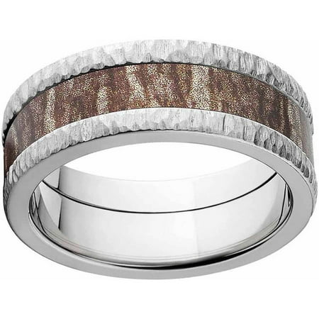 Mossy Oak Bottomland Men's Camo Stainless Steel Ring with Tree Barked Edges and Deluxe Comfort Fit