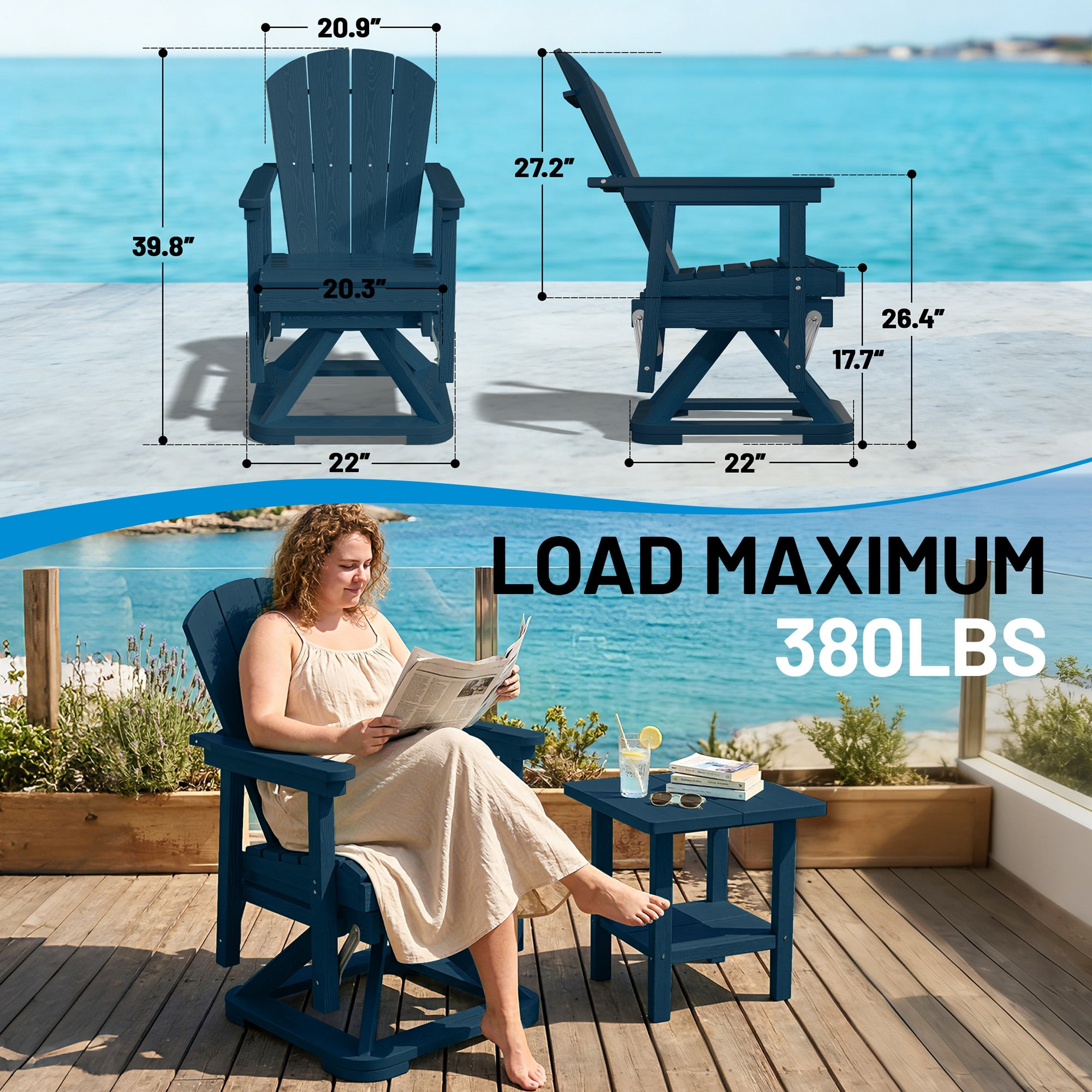 Easthome 360°Swivel Glider Adirondack Chair All-Weather HDPE Outdoor Rocking Chair with Ergonomic Backrest, Outdoor Swivel Rocker for Patio, Porch & Deck - Navy