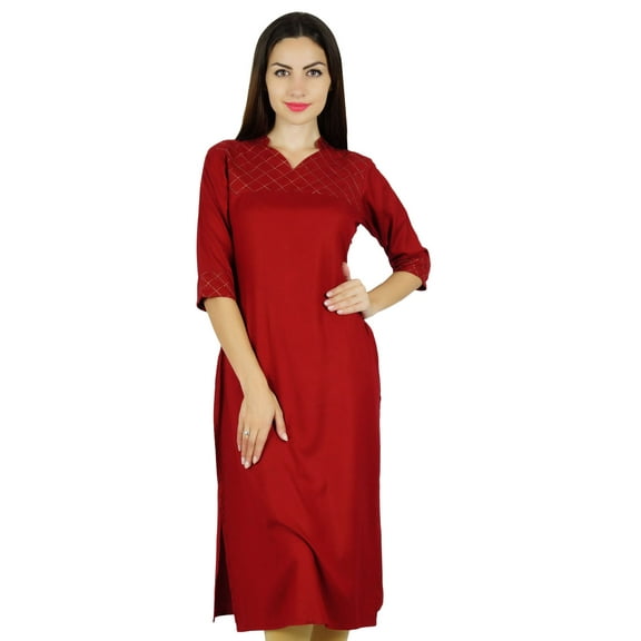 Bimba Women Red Kurti Solid Tunic 3/4 Sleeve Indian Chic Regular Custom Clothing