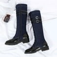 thumbnail image 4 of Knee High Boots Women Fashion Splice Leather Denim Lace up Zipper Mid Calf Motorcycle Boots Lug Sole Low Heel Trendy Buckle Straps Tall Boots, 4 of 7