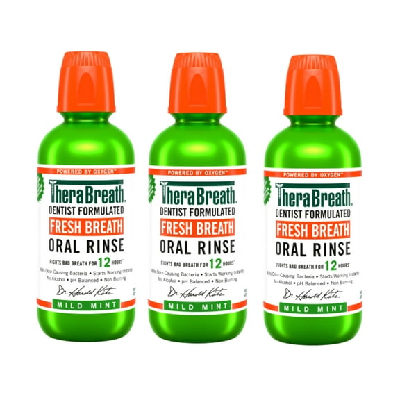TheraBreath Fresh Breath Mouthwash, Mild Mint, Alcohol-Free, 16 fl oz - 3 Pack