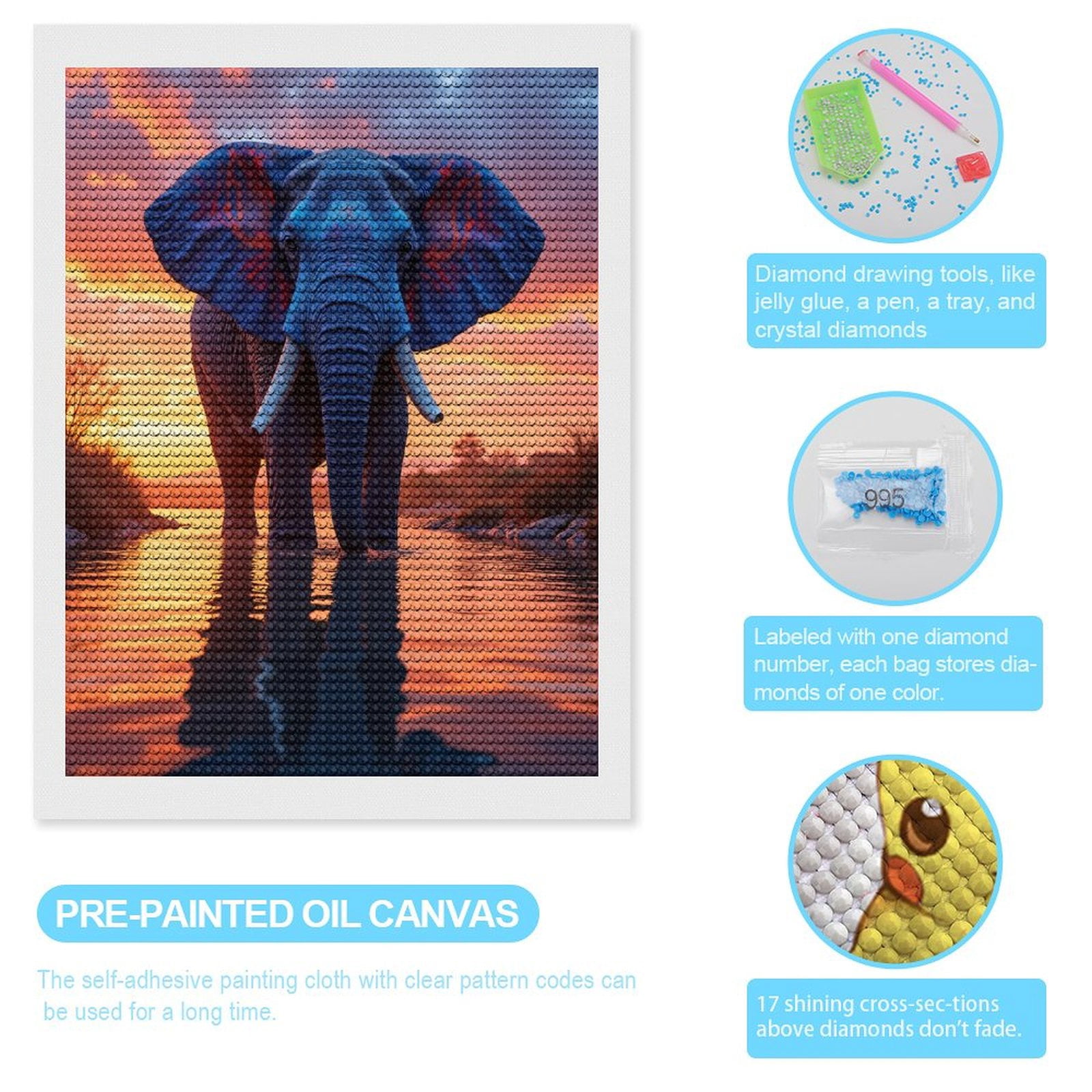 Diamond Art Kits for Adults, Elephant Sunset Reflection Watercolor 5D Diamond Painting Kits for Adults Beginners, DIY Full Drill Diamond Painting, Gem Art and Crafts 12x16