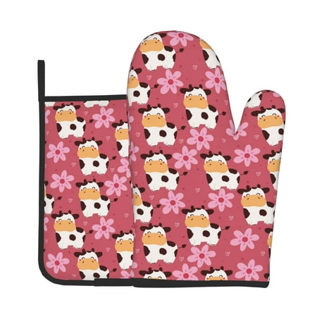 

Junzan Cow And Flower Pattern Oven Mitts and Pot Holders 2 pcs Set Potholders BBQ Gloves Long Kitchen Oven Glove for Cooking Baking Grilling (2-Piece Set 11 Inch)