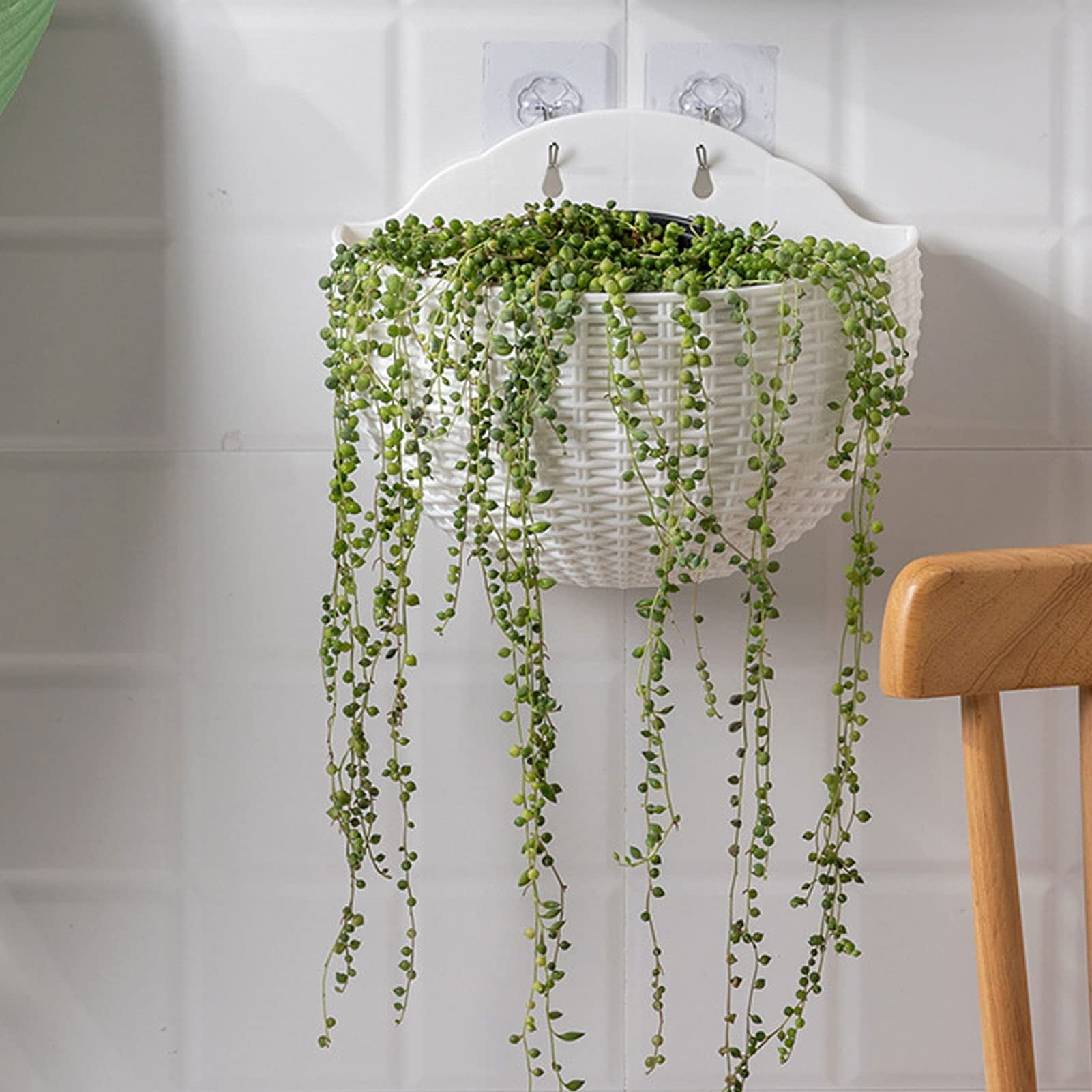 2 Pcs Imitation Rattan Wall Hanging Flower Pot, Semicircle Hanging Planters Outdoor with Drainage Hole and Hooks