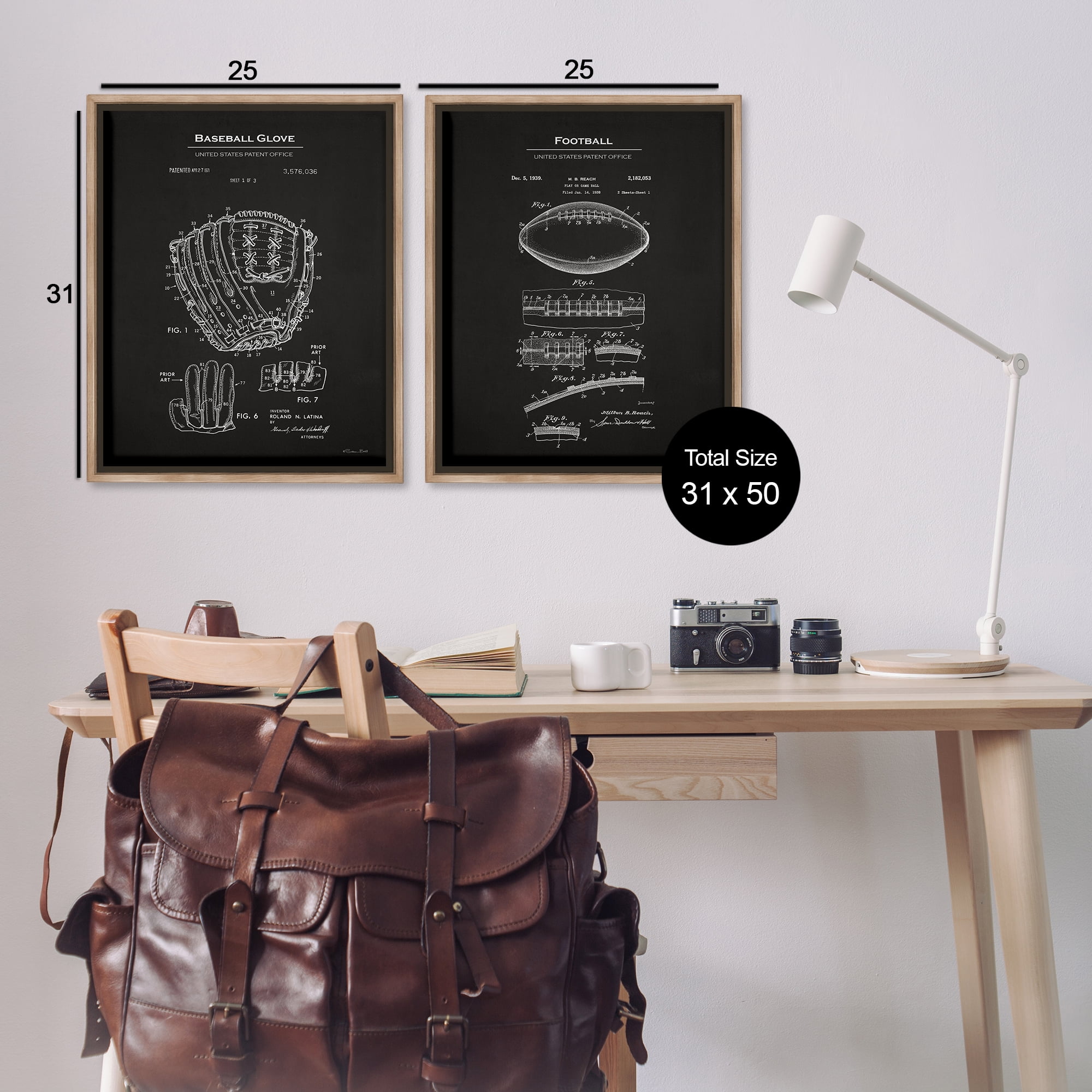 Stupell Industries Football Baseball Glove Patent Education Painting Brown Floater Framed Canvas Art Print Wall Art, 31 x 25, Set of 2