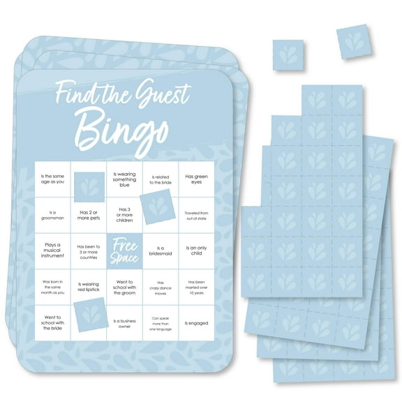 Big Dot of Happiness Dusty Blue Elegantly Simple - Find the Guest Bingo Cards and Markers - Wedding & Bridal Shower Bingo Game Set of 18