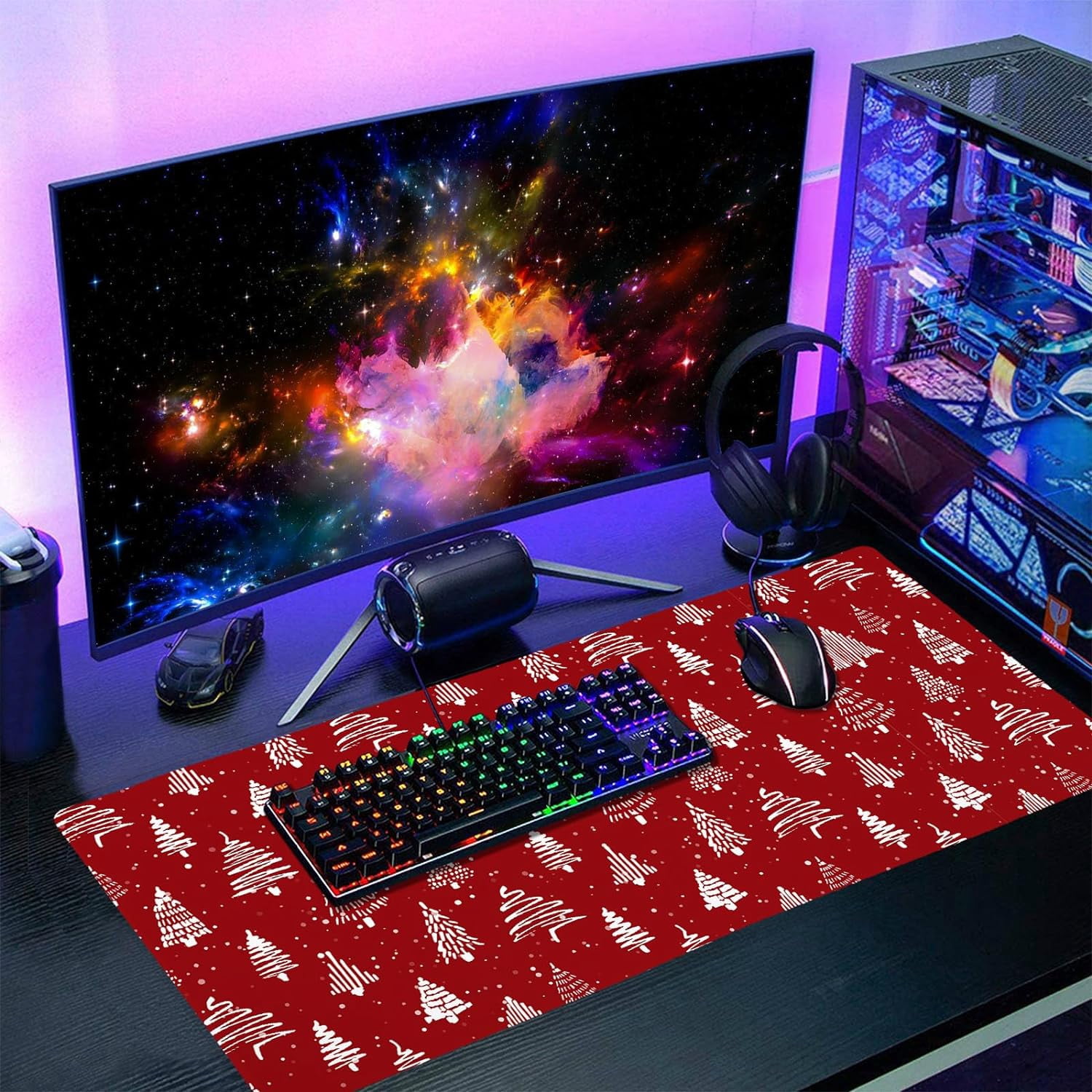 Red Christmas Mouse Pad Christmas Tree Xmas Holiday Winter Extended Desk Mat 90X40 CM Non-Slip Rubber Base Stitched Edge Large XXL Mousepad for Gaming Laptop Computer Desktop 35.4×15.7 Inch