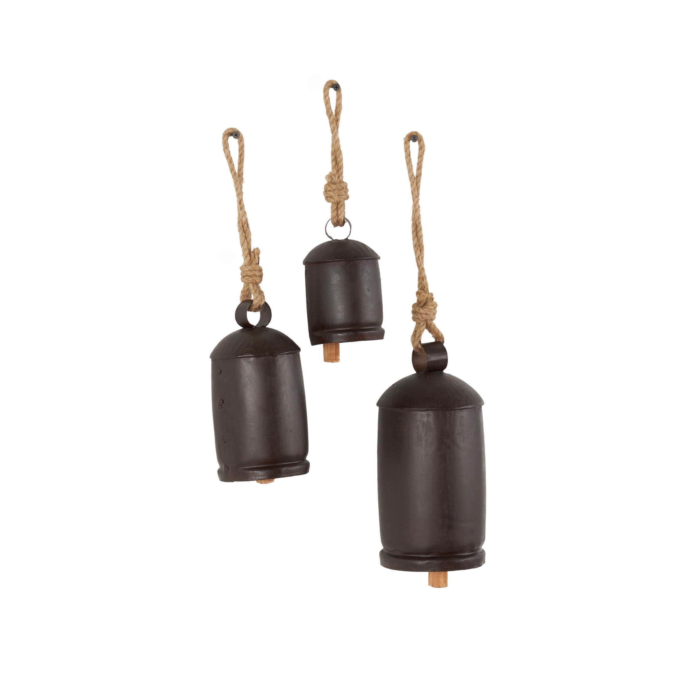DecMode Tibetan Inspired Dark Brown Metal Cylindrical Decorative Cow Bells with Jute Hanging Rope, 3 Count